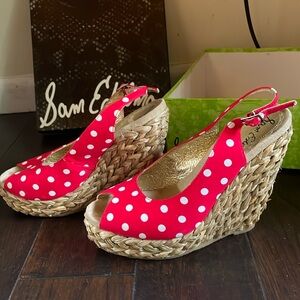 Sam Edelman size 8 Nadia red/white polka-dot wedge shoe.